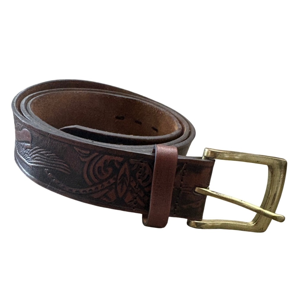 Wrangler Belt Mens 44 Brown Tooled Leather Western Workwear Brass Buckle